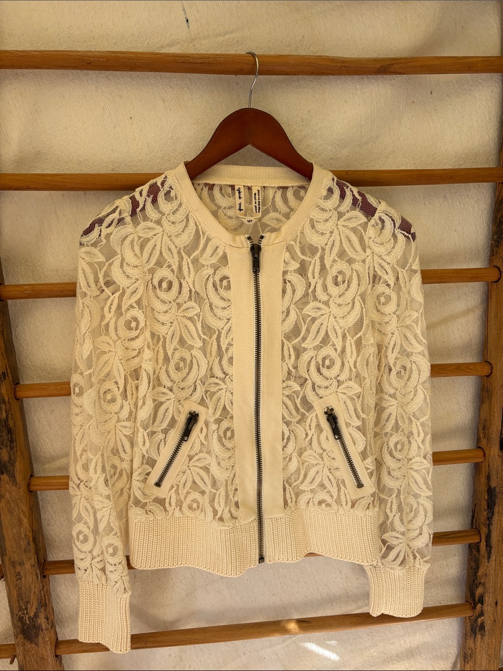 Free People Cream Lace Bomber Jacket sz sm